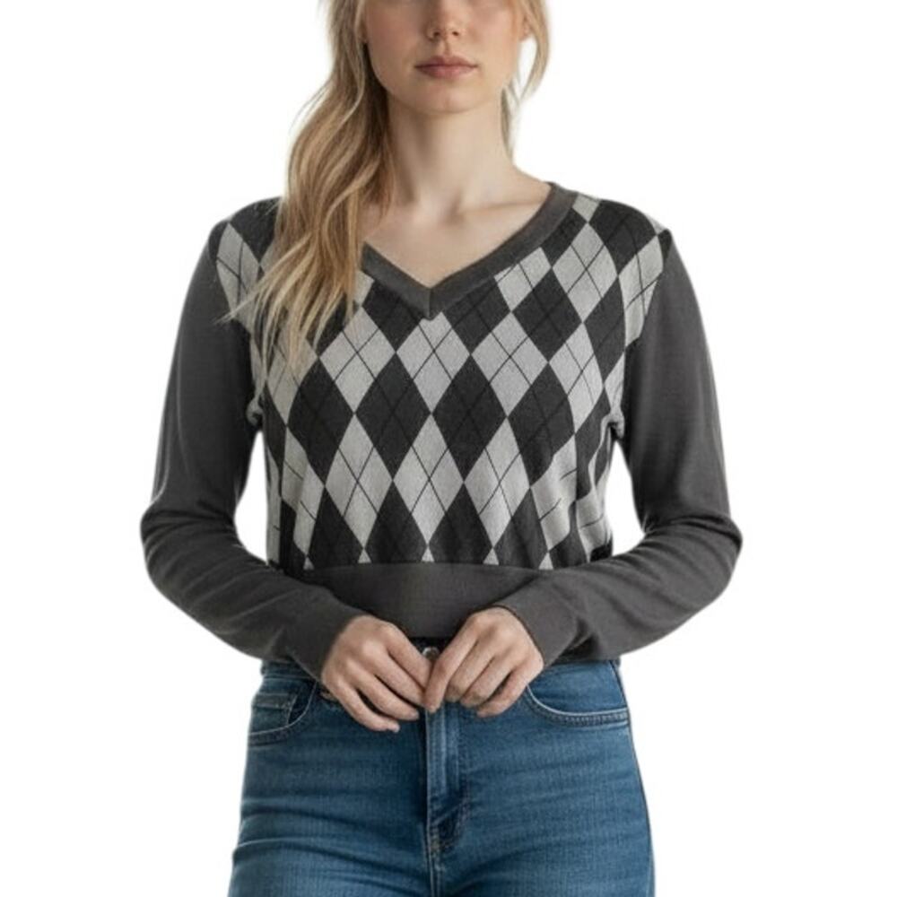 Shein Argyle Pattern Fine Knit Top Size Large Gray Tones V Neck